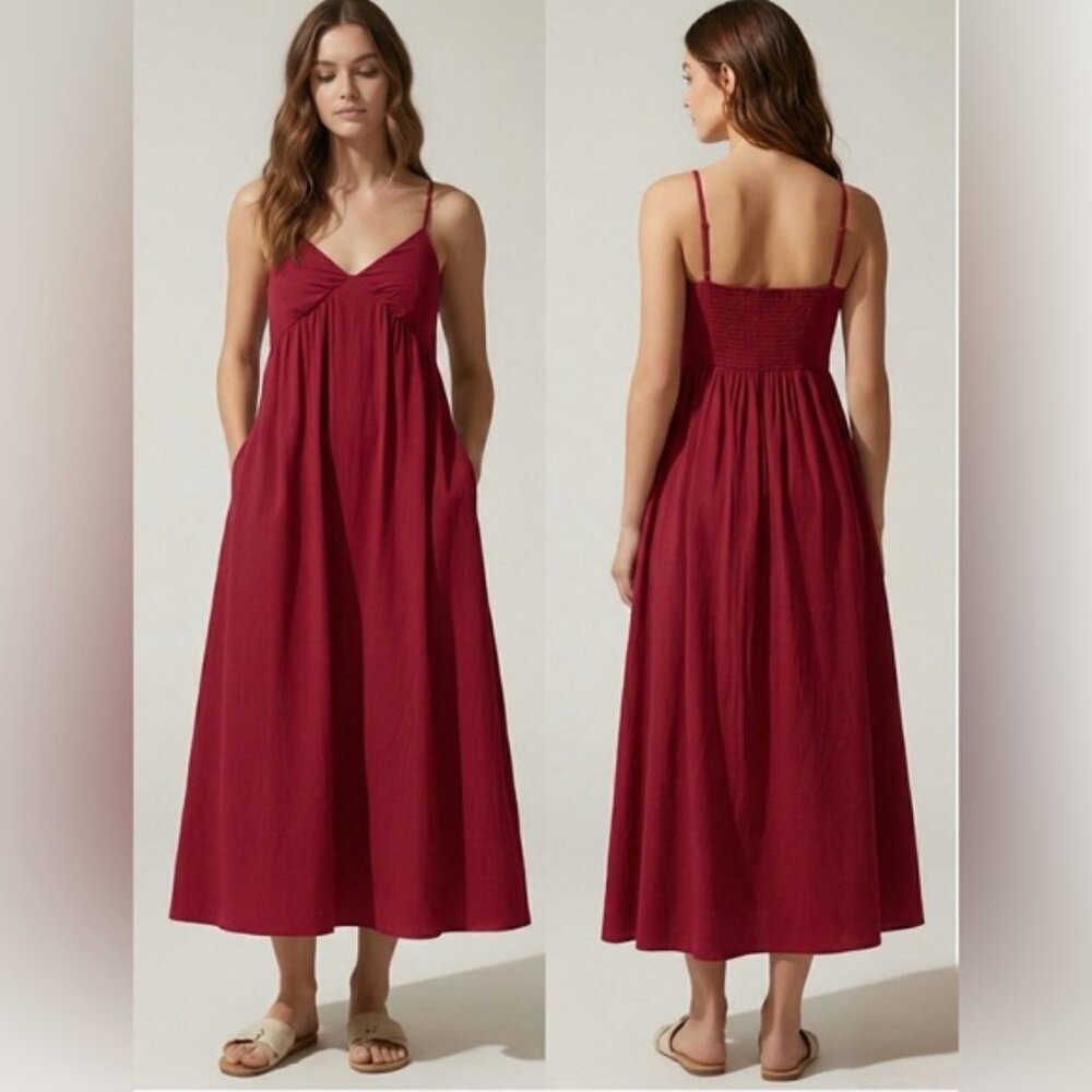 Cotton Spaghetti  Strap Dress With Pockets Burgundy